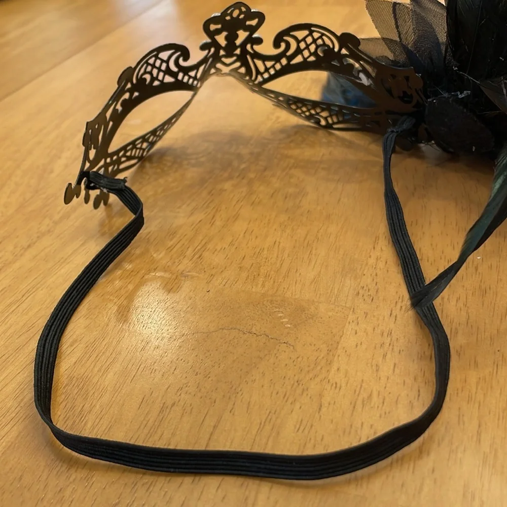 Black Mask With Faux Diamonds Feathers - Masquerade Ball / Party Metal Unique